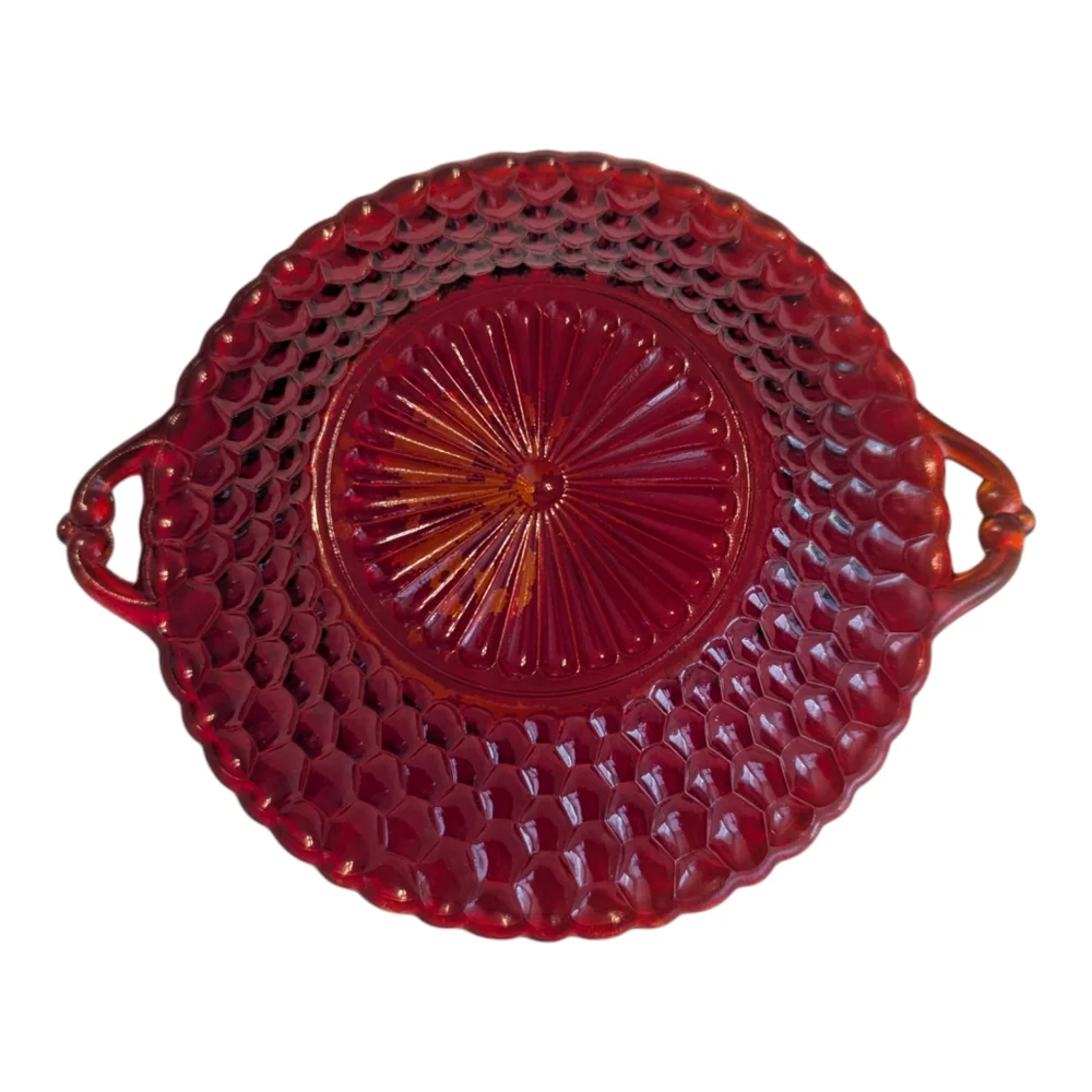 Vintage Indiana Glass Red Ruby Gold W Gold Handles Honeycomb Relish Dish Bowl